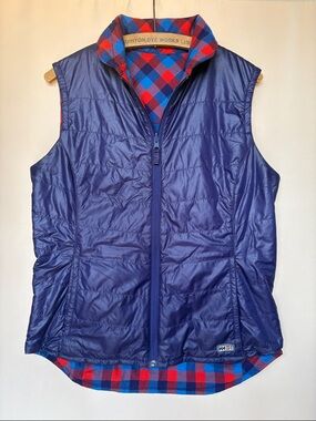 Helly Hansen vintage reversible insulated vest, navy blue/red/blue plaid, M